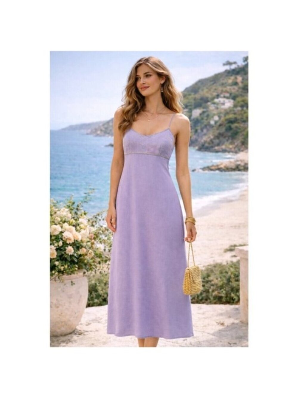 Lilac Slip Midi Dress with Spaghetti Straps